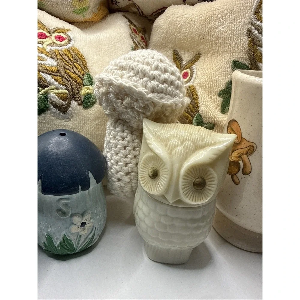 Vintage Lot Of Owls And Mushrooms, S&P, Towel, Cups, Picture